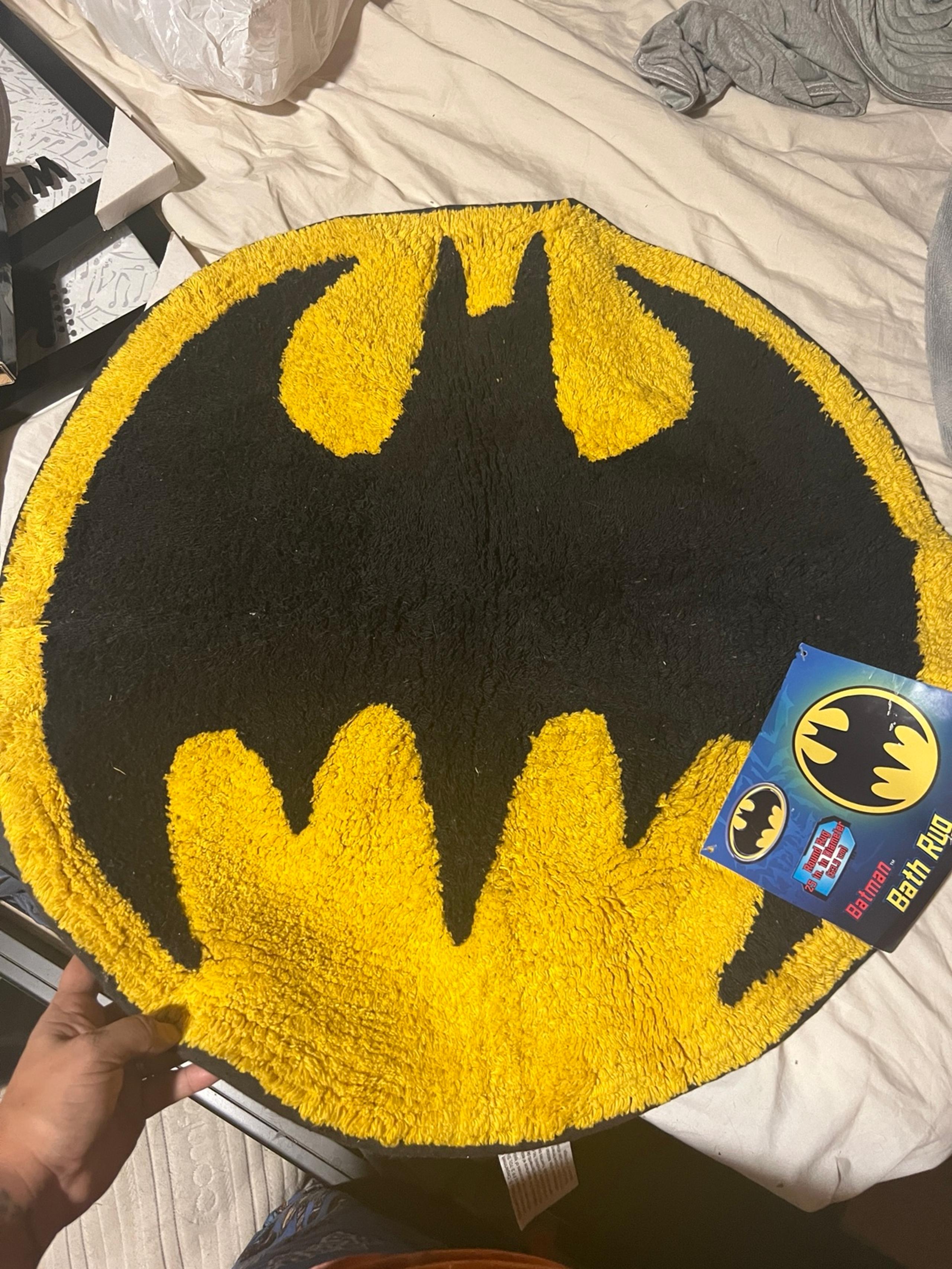 Batman Signal Bathroom rug, shower curtain and hand towel.