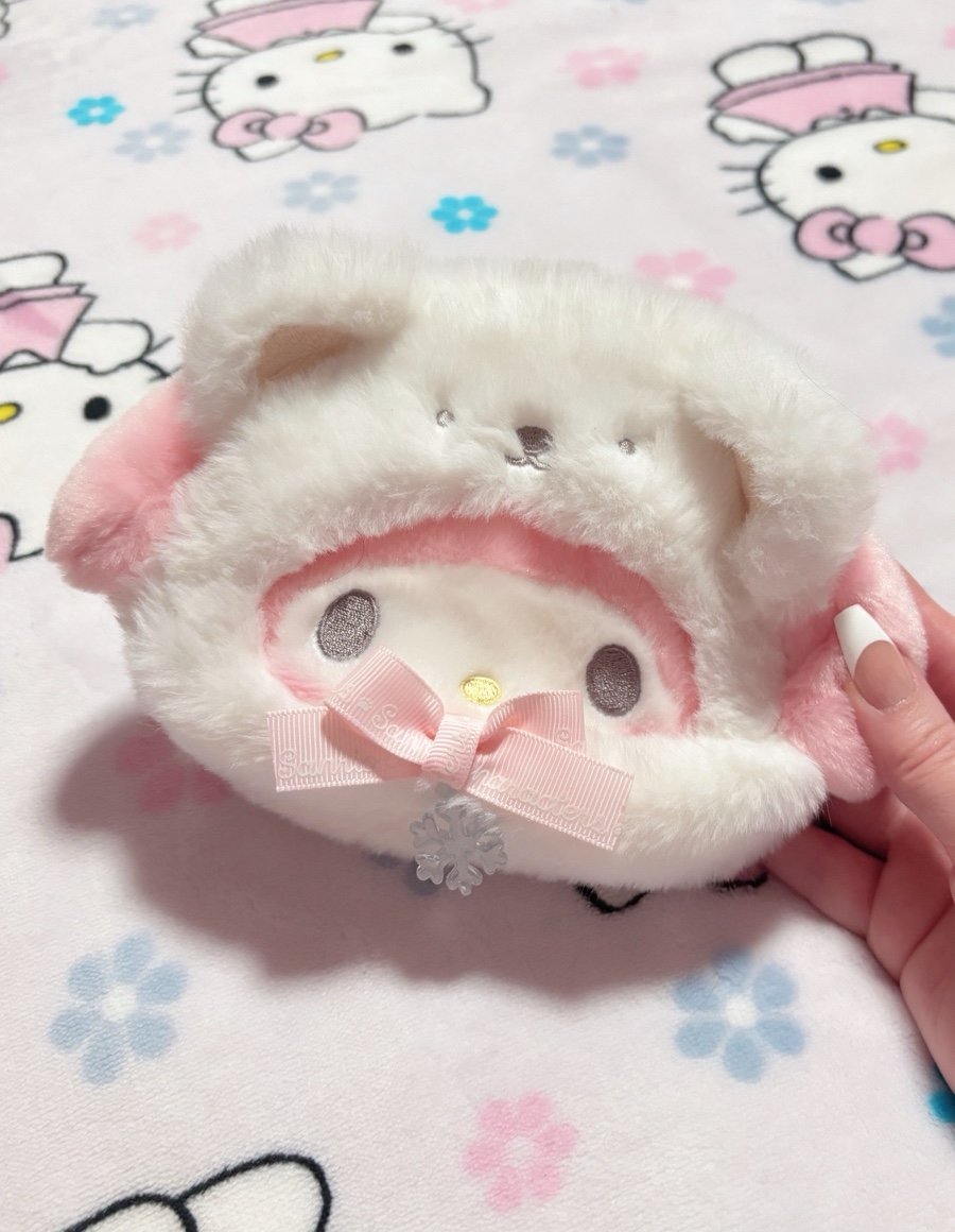 sanrio characters my melody winter polar bear fuzzy plush cosmetic pouch bag