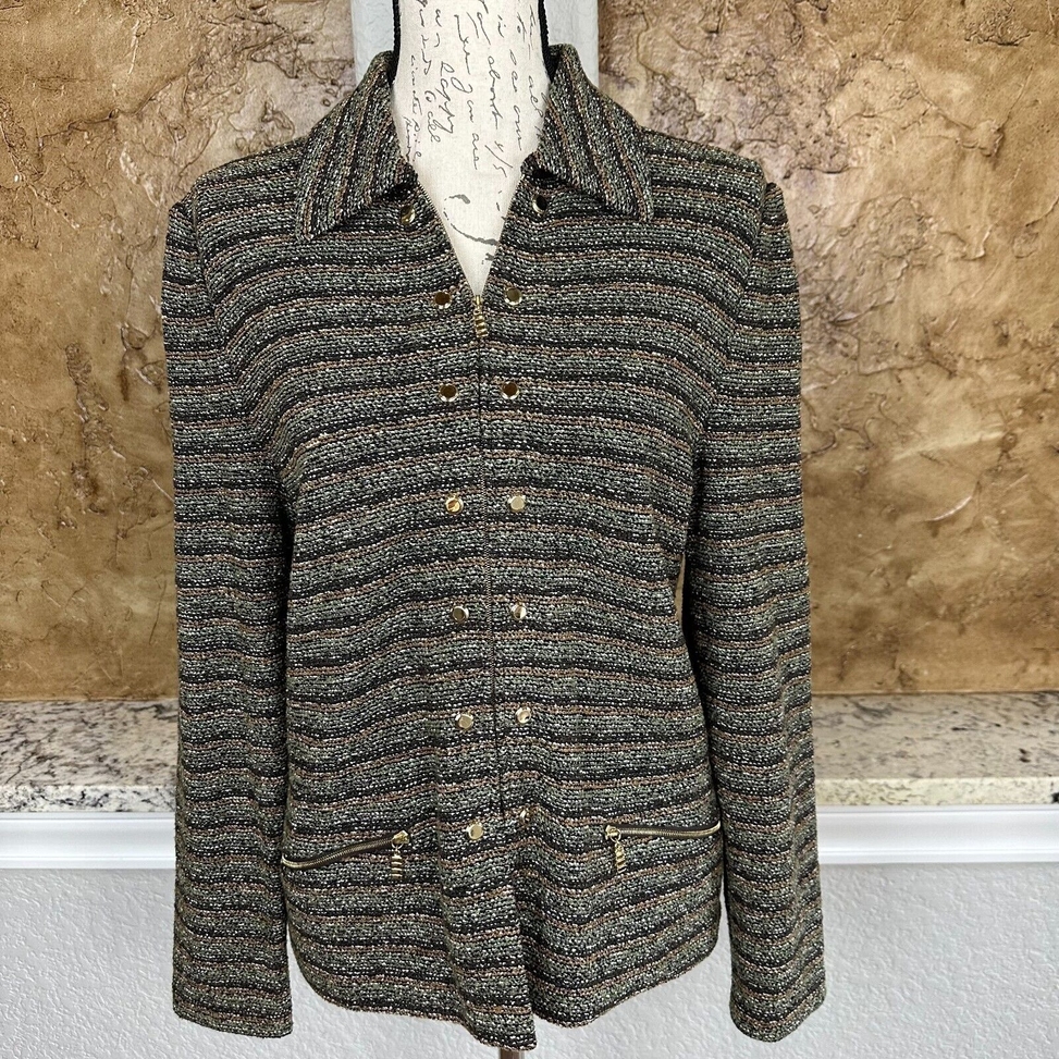 St John Collection Jacket Women 8 Stripe Knit Santana Knit Brown Gray Blazer