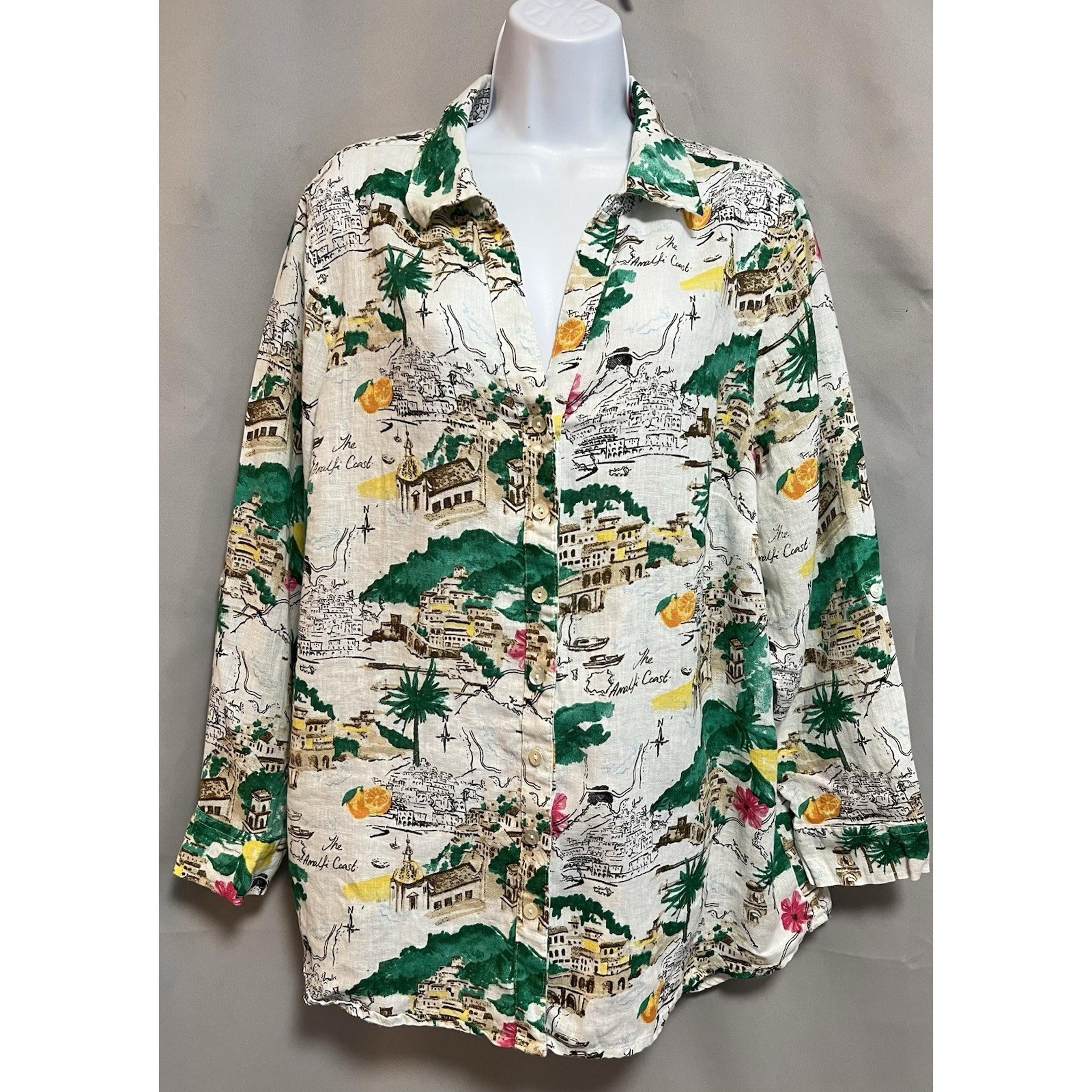 Cynthia Rowley Womens Plus 1X Blouse Shirt Amalfi Coast 100% Linen Rolled Cuff