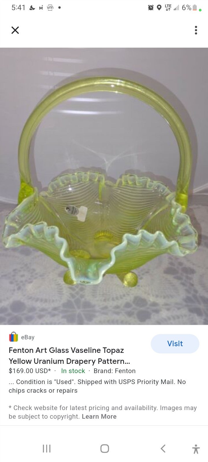 Fenton Vaseline opalescent basket