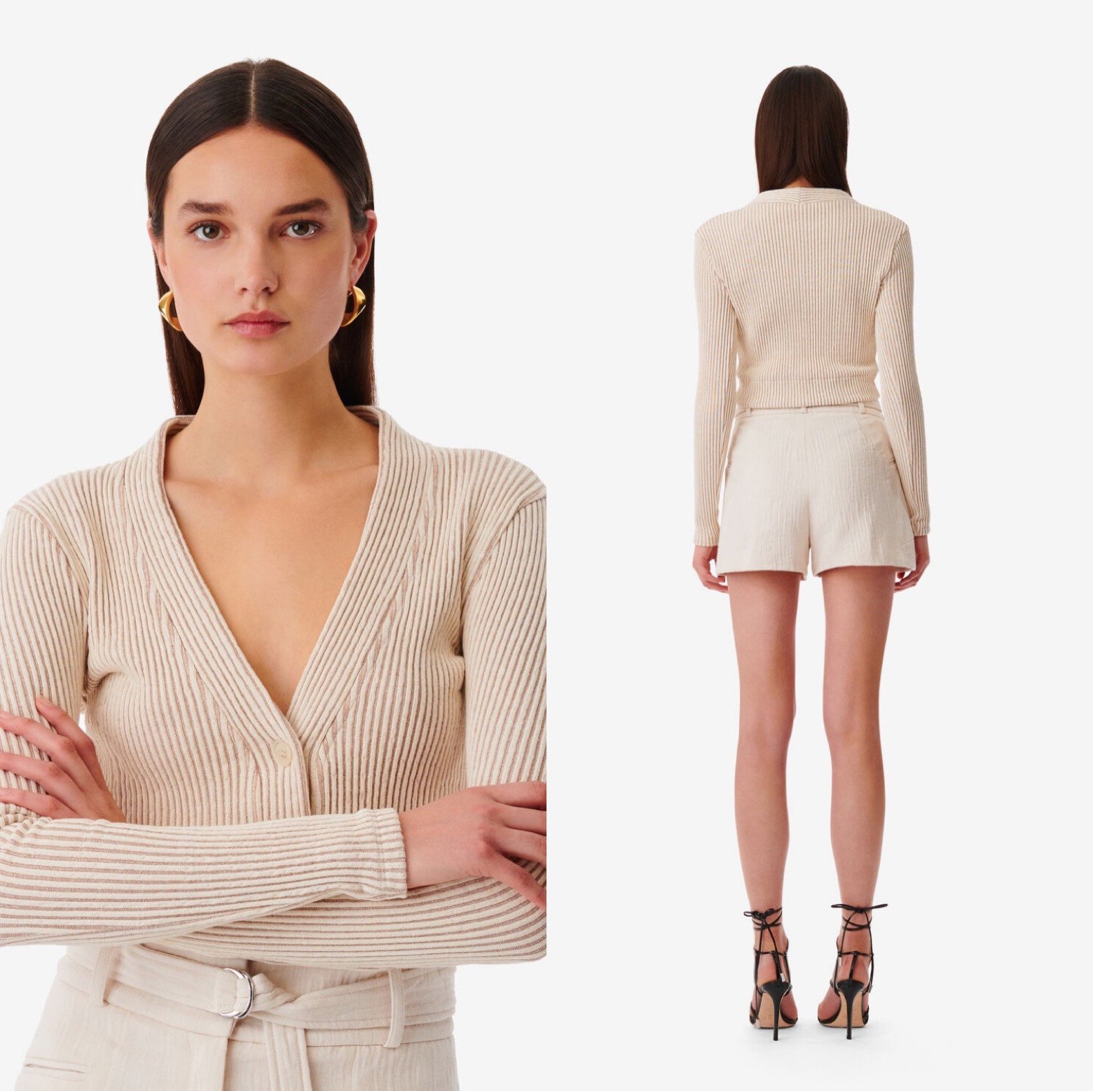 IRO Paris Guista Ribbed V-Neck Cardigan Cream Knitted Taupe Long Sleeve New M