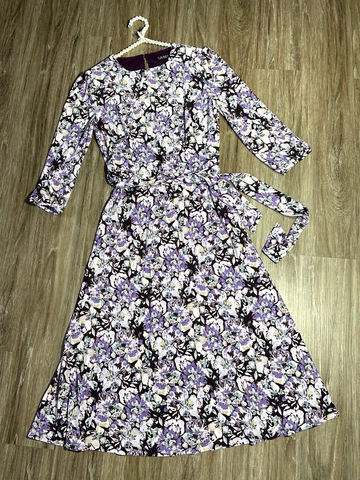 Lauren Ralph Lauren Black Label Purple Floral 3/4 Balloon Sleeve Dress Size 6