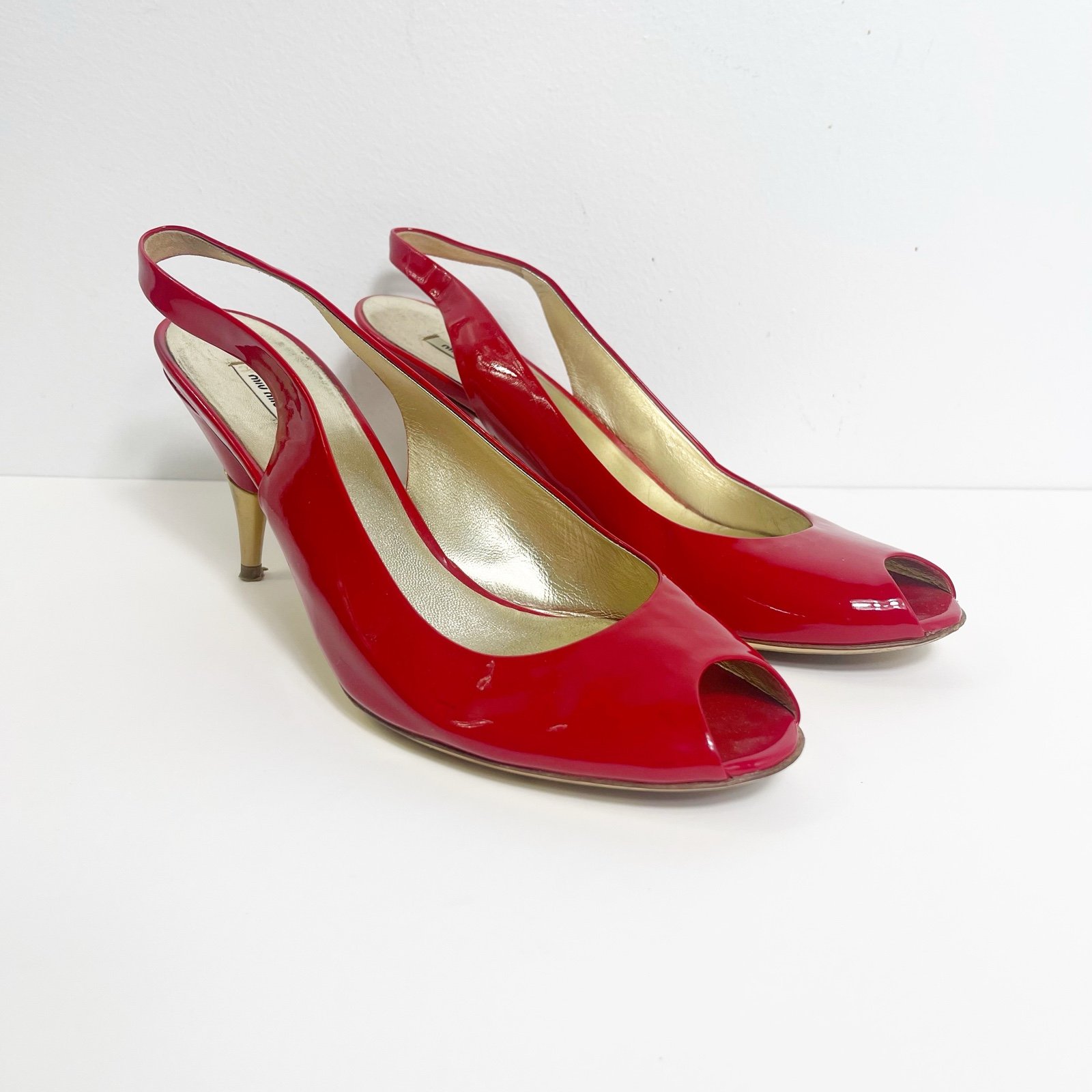 Miu Miu by Prada Sling Back Heels Peep Toe Red and Gold Italian Women’s 37.5