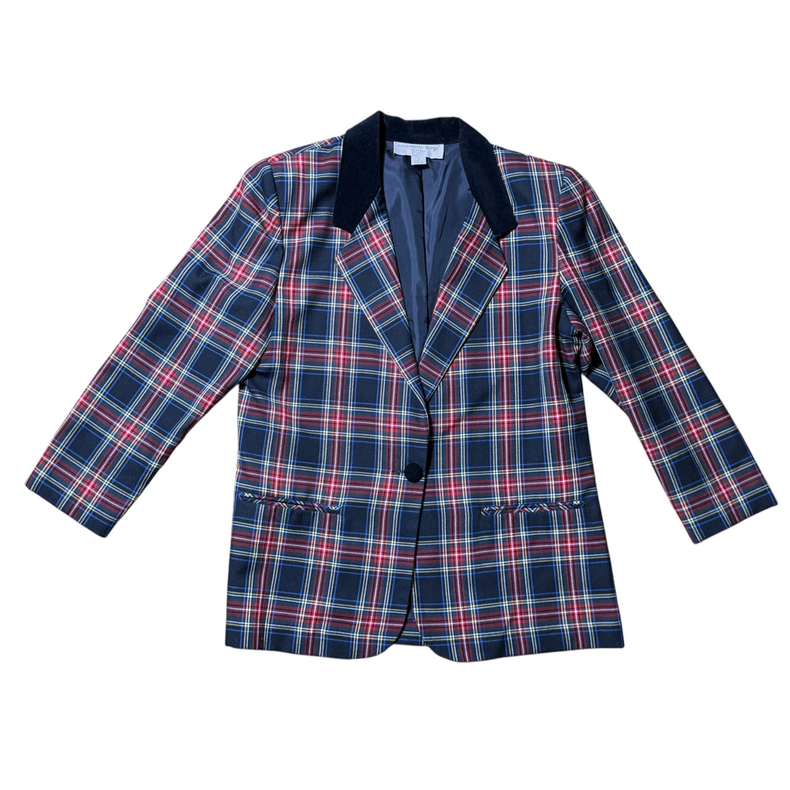 Vintage 90s Fundamental Things Tartan Plaid & Black Velvet Blazer, Size L/XL