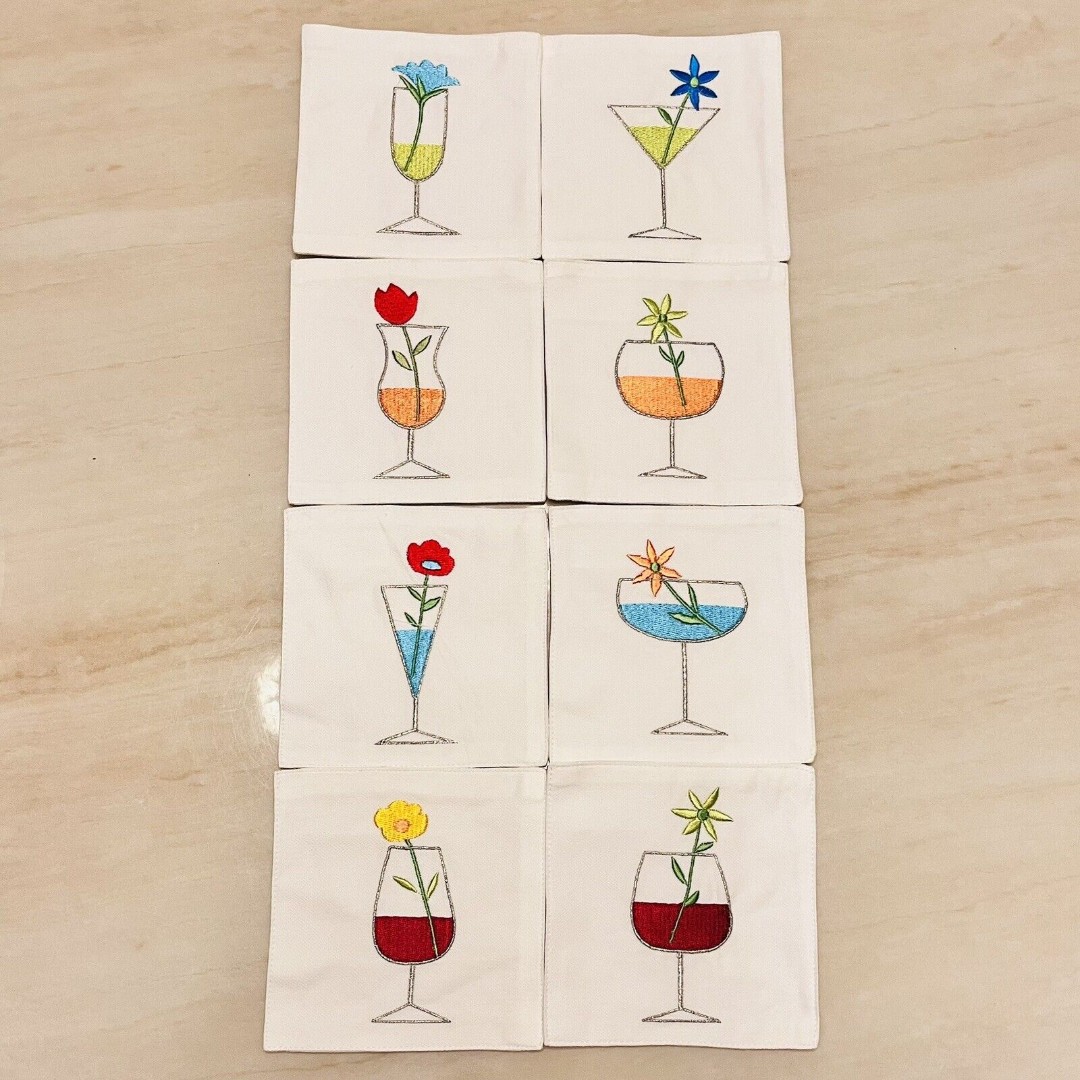 Crate&Barrel Coasters Blossoms Up Cocktail Coasters Set of 8 Embroidered Cloth