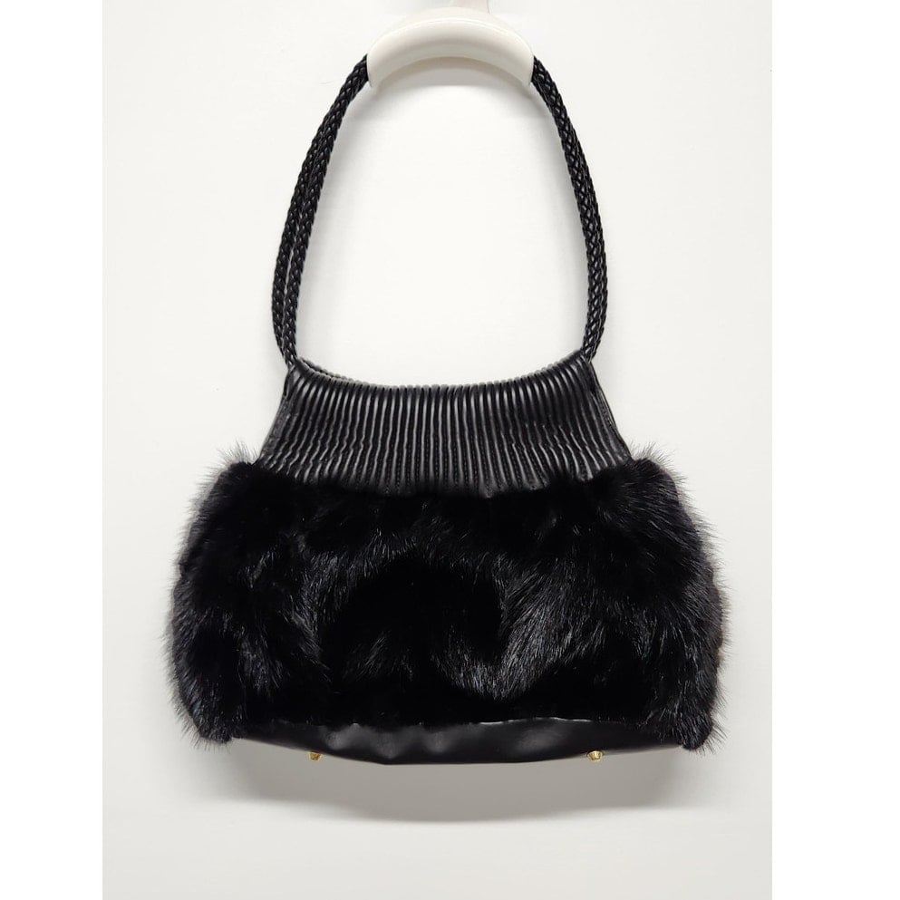 Paolo Masi Real Mink & Leather Shoulder Black Handbag, Mob Wife Aesthetic, Italy