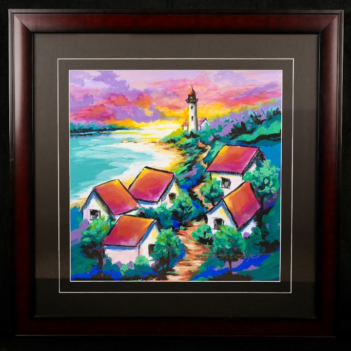 Vintage Framed Signed Original Seascape Acrylic Painting Sunrise on the Beach