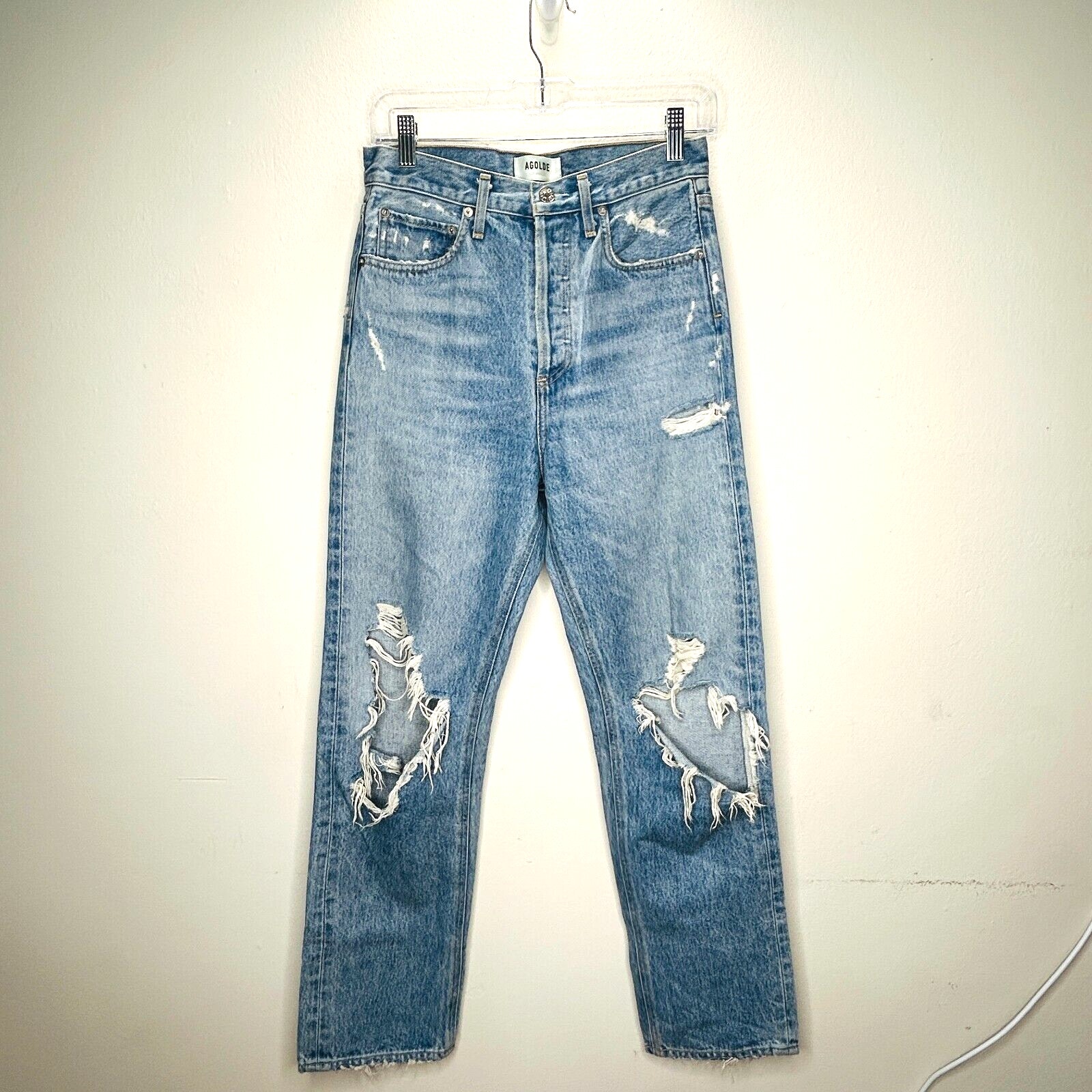 Agolde 90s Medium Wash Mid Rise Button Fly Straight Loose Distressed Jeans 24