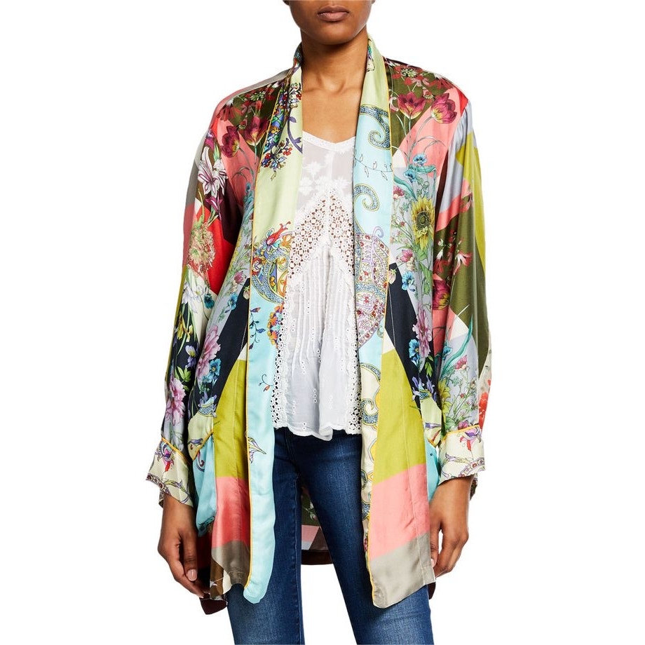 Johnny Was Women's size 2X Floral Colorful Flowy 100% Silk Kimono Short Robe