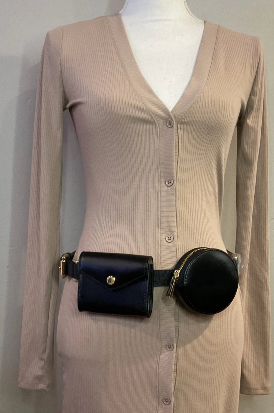 Michael Kors MK Logo Belt with Coin Pouches bag purse Black Gold Sz S/M NWT