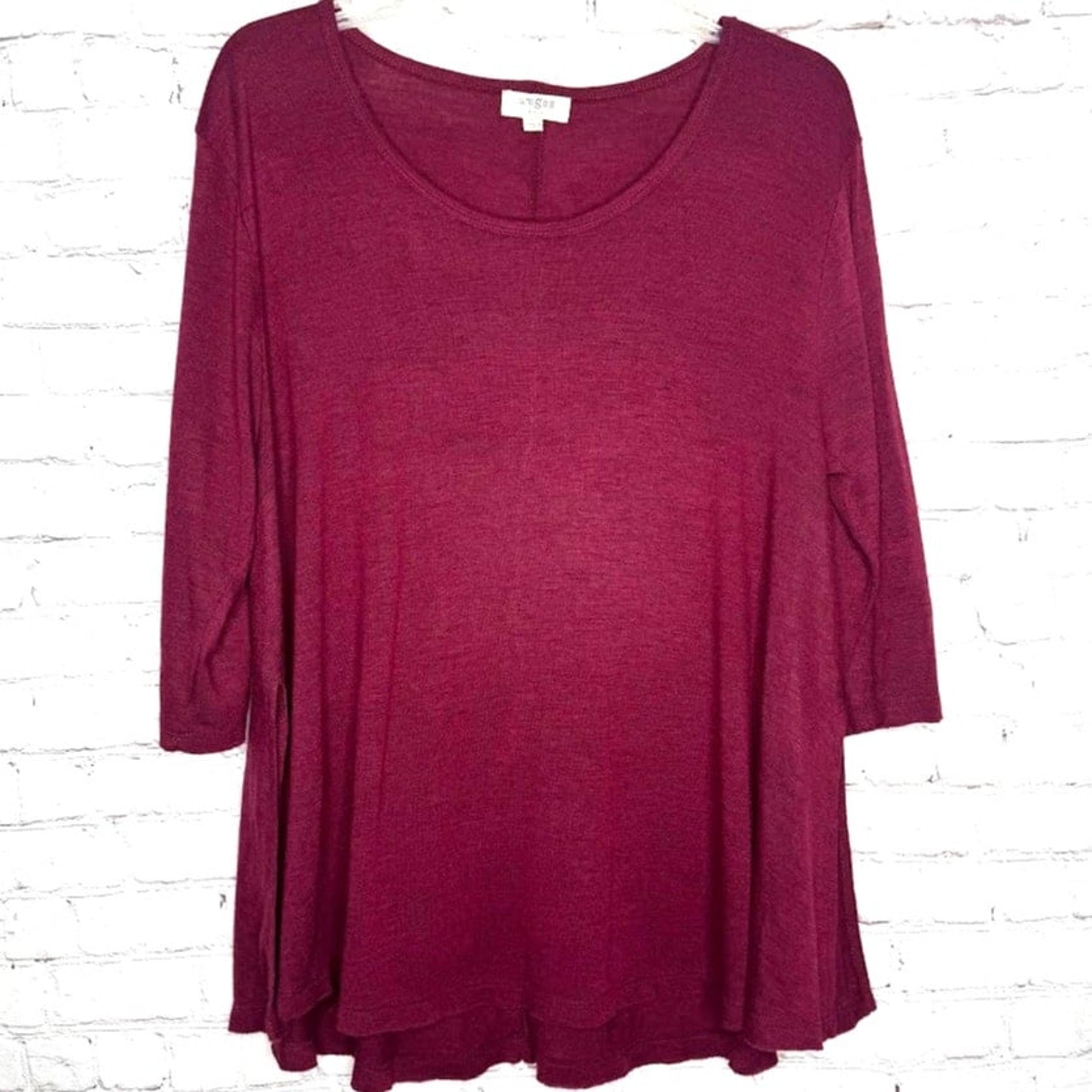 Umgee Womens L Deep Cherry Red 3/4 Sleeve Knit Tunic Top Side Slits Minimalist