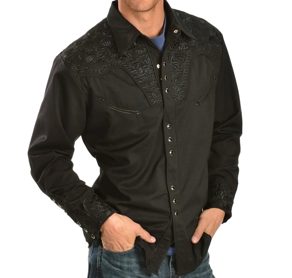 Scully Western Shirt Mens Extra Large Black Embroidered Pearl Snap Rodeo