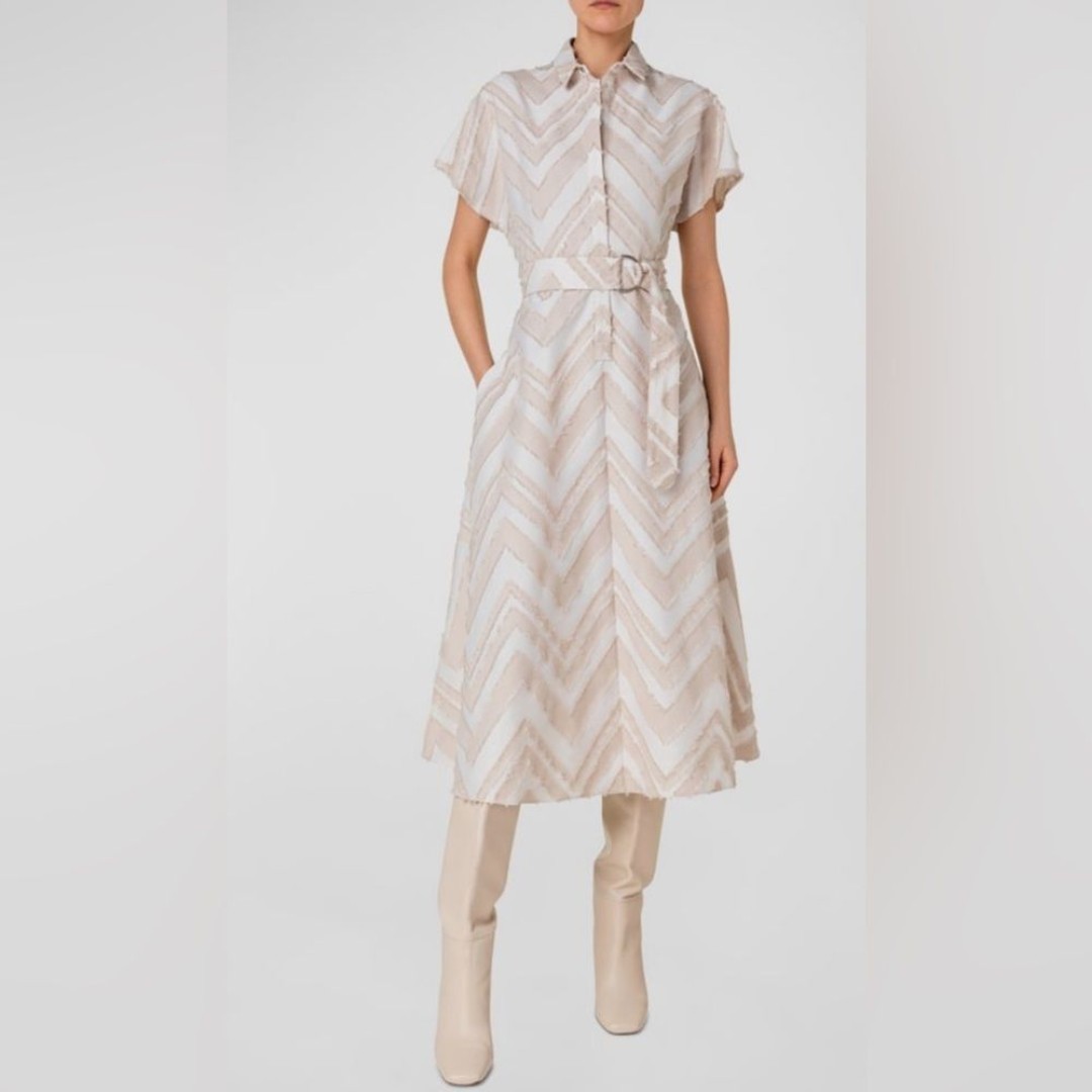 Akris Punto Women’s Size 12 Fringed Zigzag Jacquard Midi Dress with Belted Waist