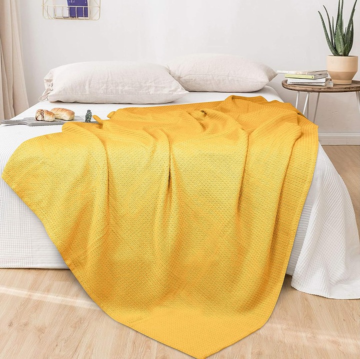 100% Cotton Thermal Blanket - 90 x 102 inches Mustard Yellow-H63FXD