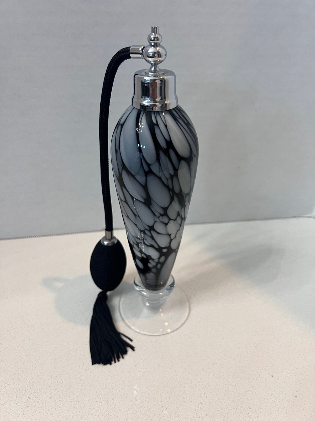 Vintage Hand Blown Black White Spatter Art Glass Perfume Decanter With Atomizer