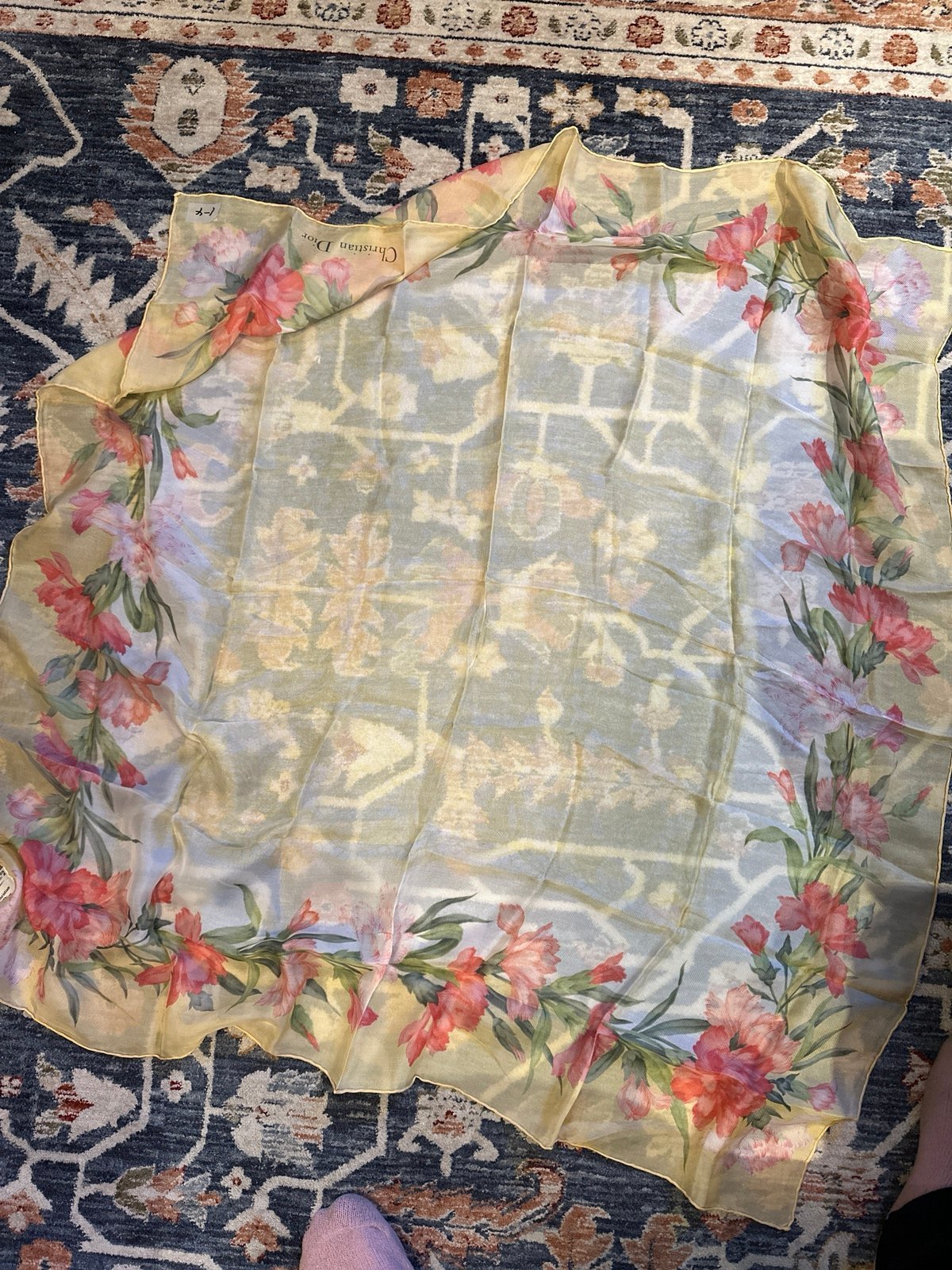 Vintage Christian Dior chiffon silk scarf carnations large size