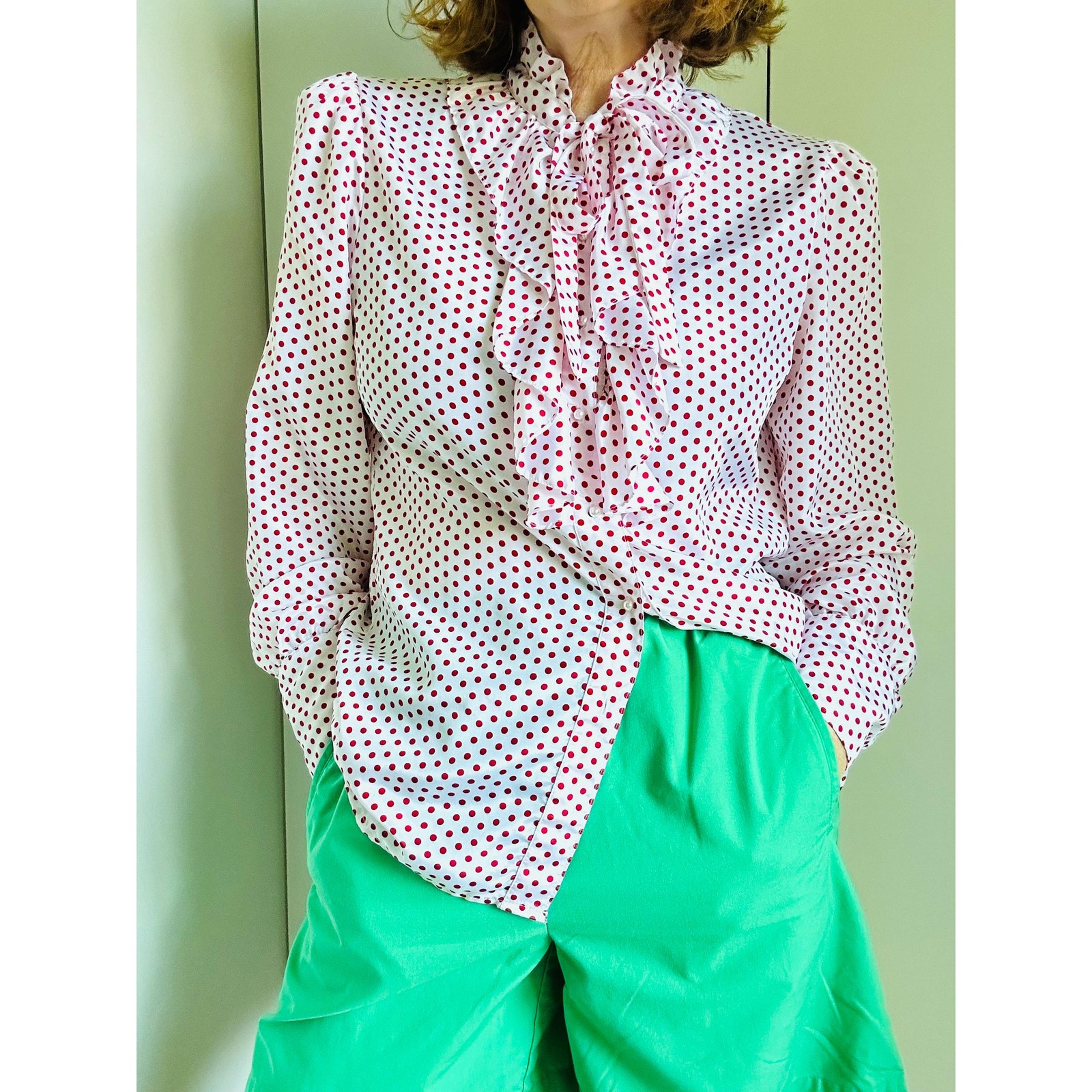Vintage 80s Polka Dot Womens Blouse White Red Ruffle Necktie Size Large Retro