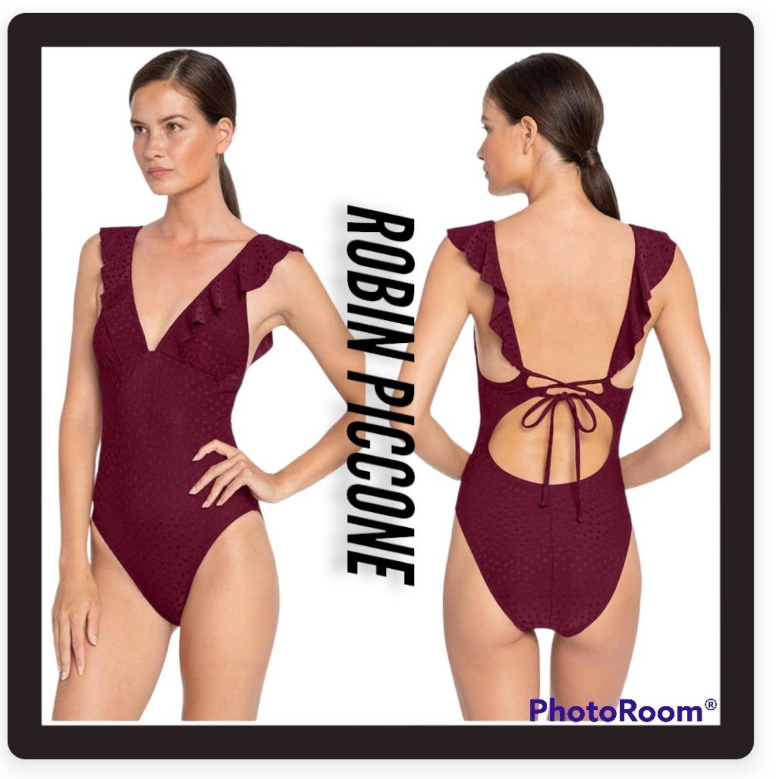 ROBIN PICCONE JULIANNA DOT EGGPLANT RUFFLE V-NECK ONE PIECE Swimsuit