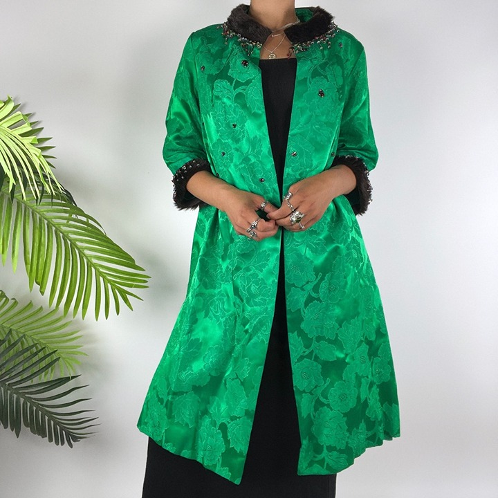 Women's Vintage 50's Emerald Floral Classy Beaded Fux Fur Satin Long Coat / S/M