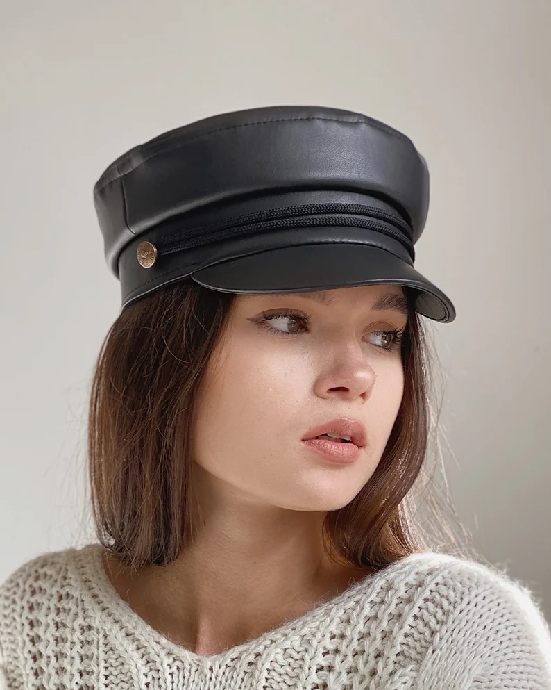 Leather fiddler cap, Women newsboy cap, Baker boy hat, Fall - Winter cap.