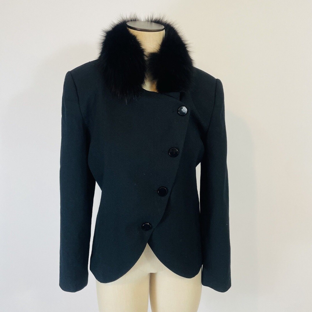 Vintage Faux Fur Wool Military Blazer Jacket Women’s Size 10 Black Evening