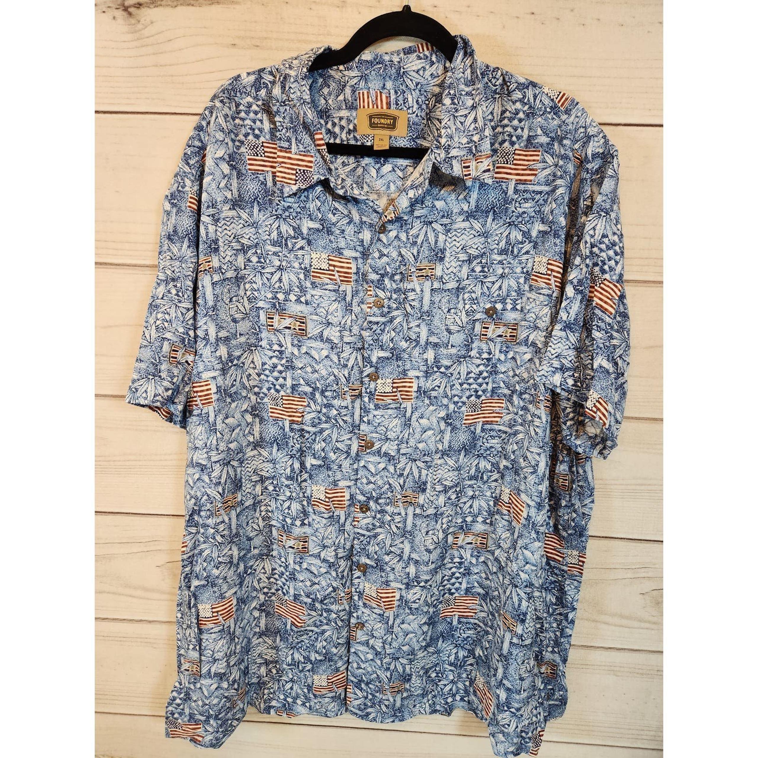 Foundry Men's Multicolor American Flag Rayon Short Sleeve Button Up Shirt 2XL