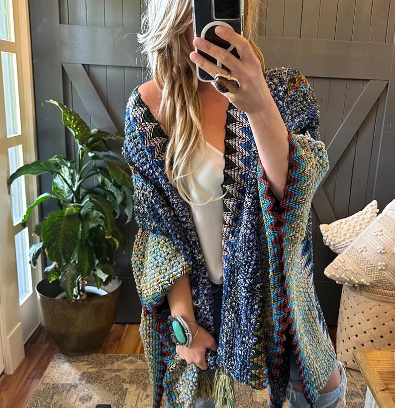 Handmade Bohemian Lavender Tribe Cardigan, Loom Knit Blue Tassel Robe