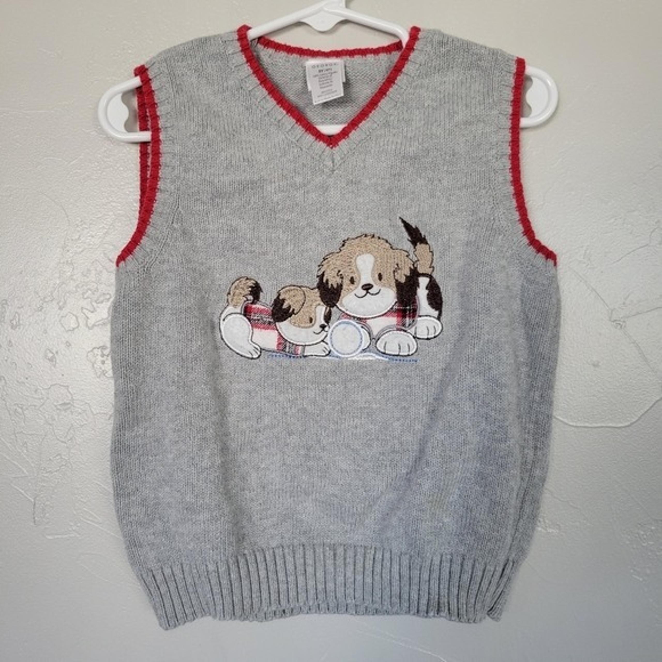 George Toddler Boy 5T Grey Sleeveless Sweater Vest Plaid Dogs Christmas Church