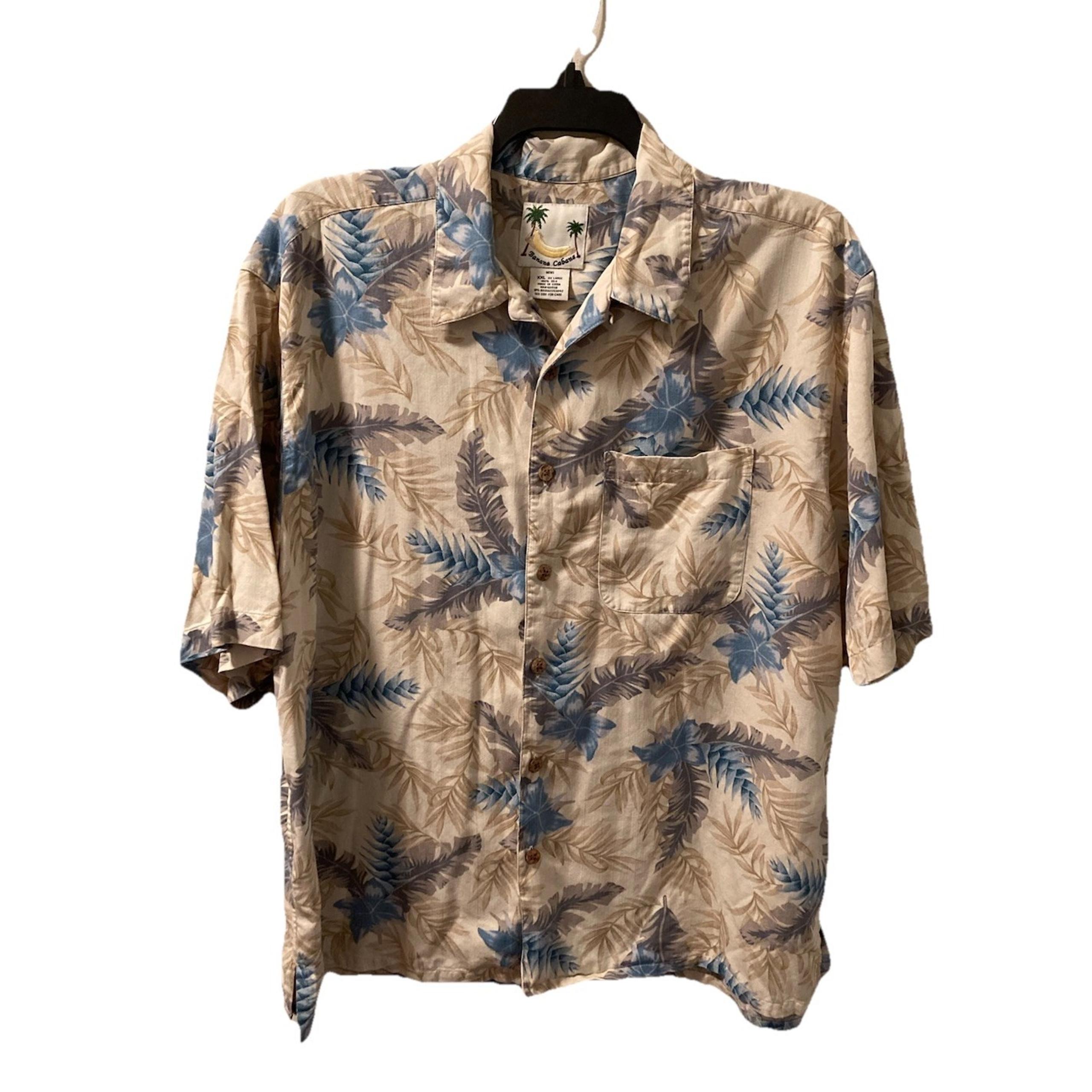 Banana Cabana 100% Silk Hawaiian Wood Button Shirt XXL Floral Loop Collar