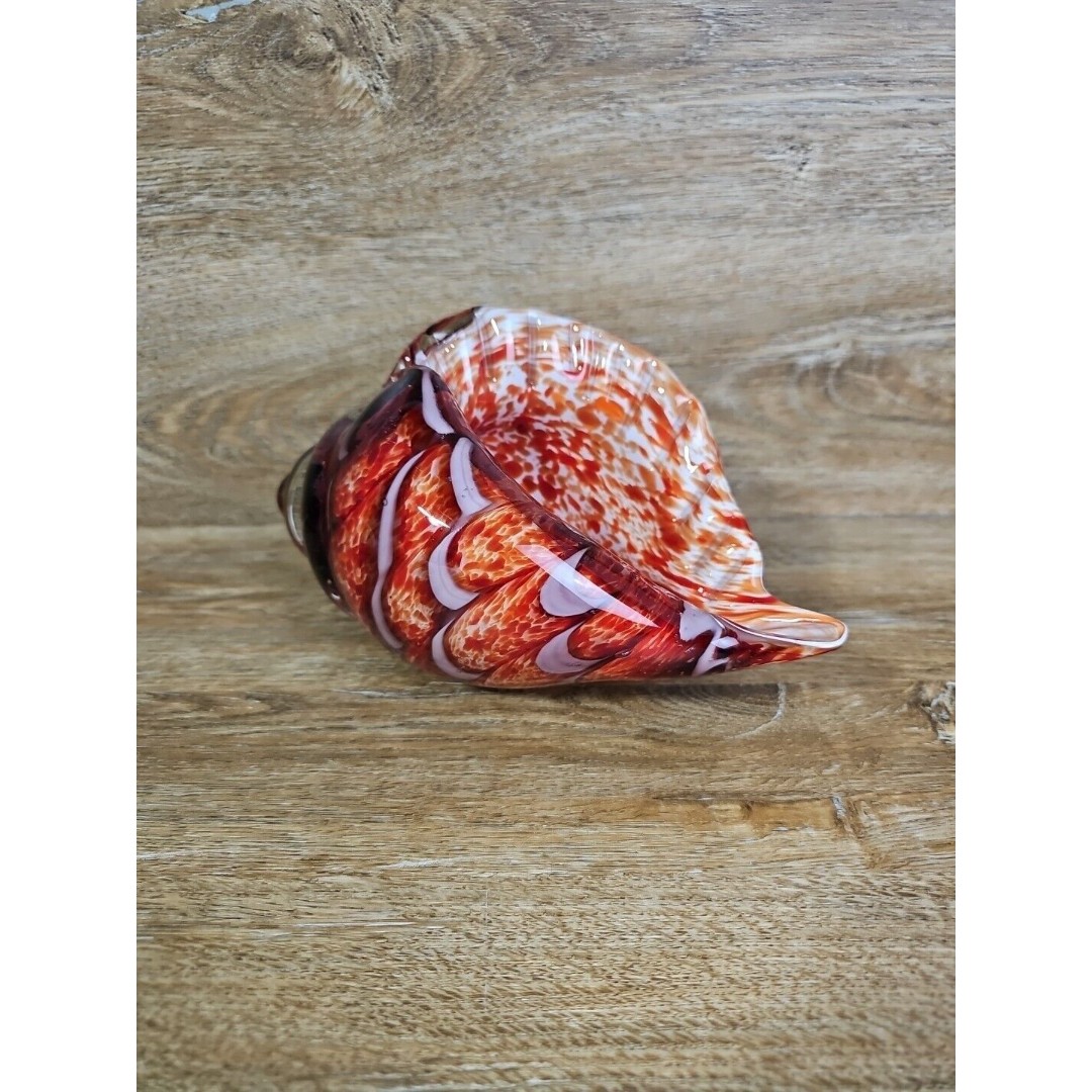 Hand Blown Art Glass Conch Sea Shell Decor Sculpture Red, Orange & White Swirl