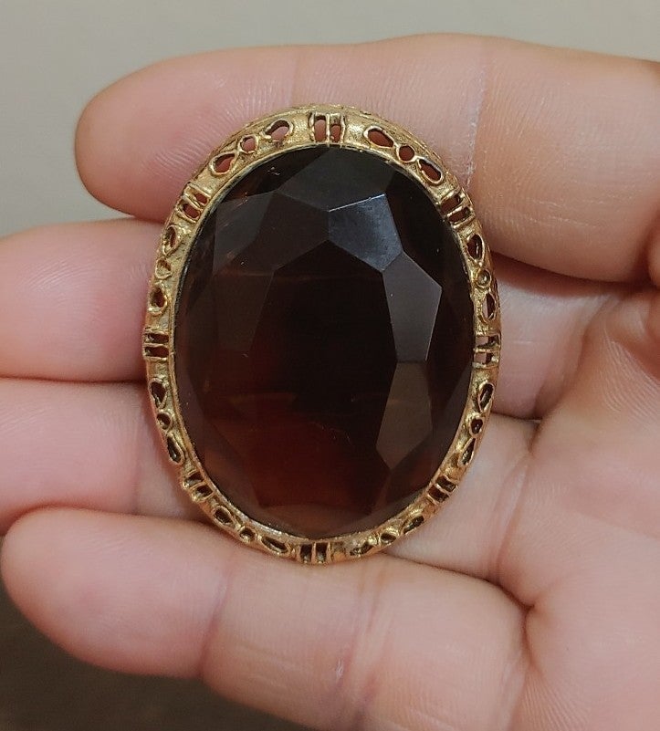 Beautiful Vintage Huge Gold Tone Amber Glass Designer Pin/Brooch