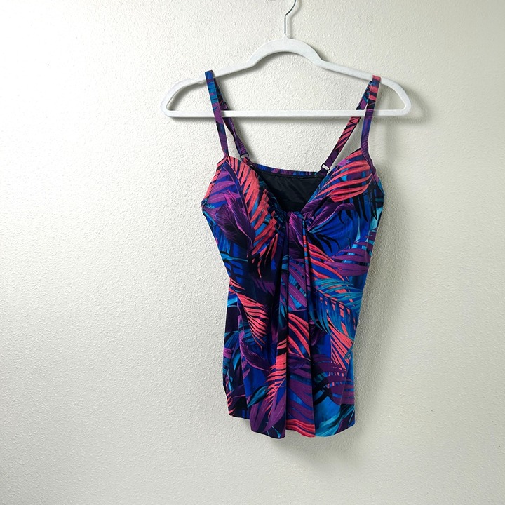 Miraclesuit Marina Tankini Top Size 8 Purple Pink Palm Underwire Bra 6537825