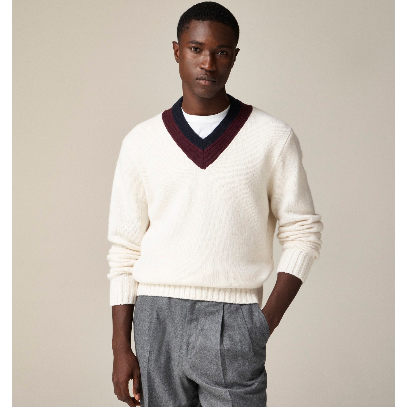 J.Crew Wool V Neck Cricket Sweater Preppy Academia Retro Ivory Mens Medium NWT