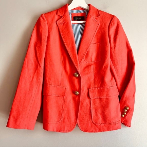 J Crew Rhodes linen blazer womens 4P petite orange jacket button preppy nautical