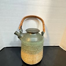 Vintage Studio Pottery Stoneware Teapot Green Beige Signed S Lopez
