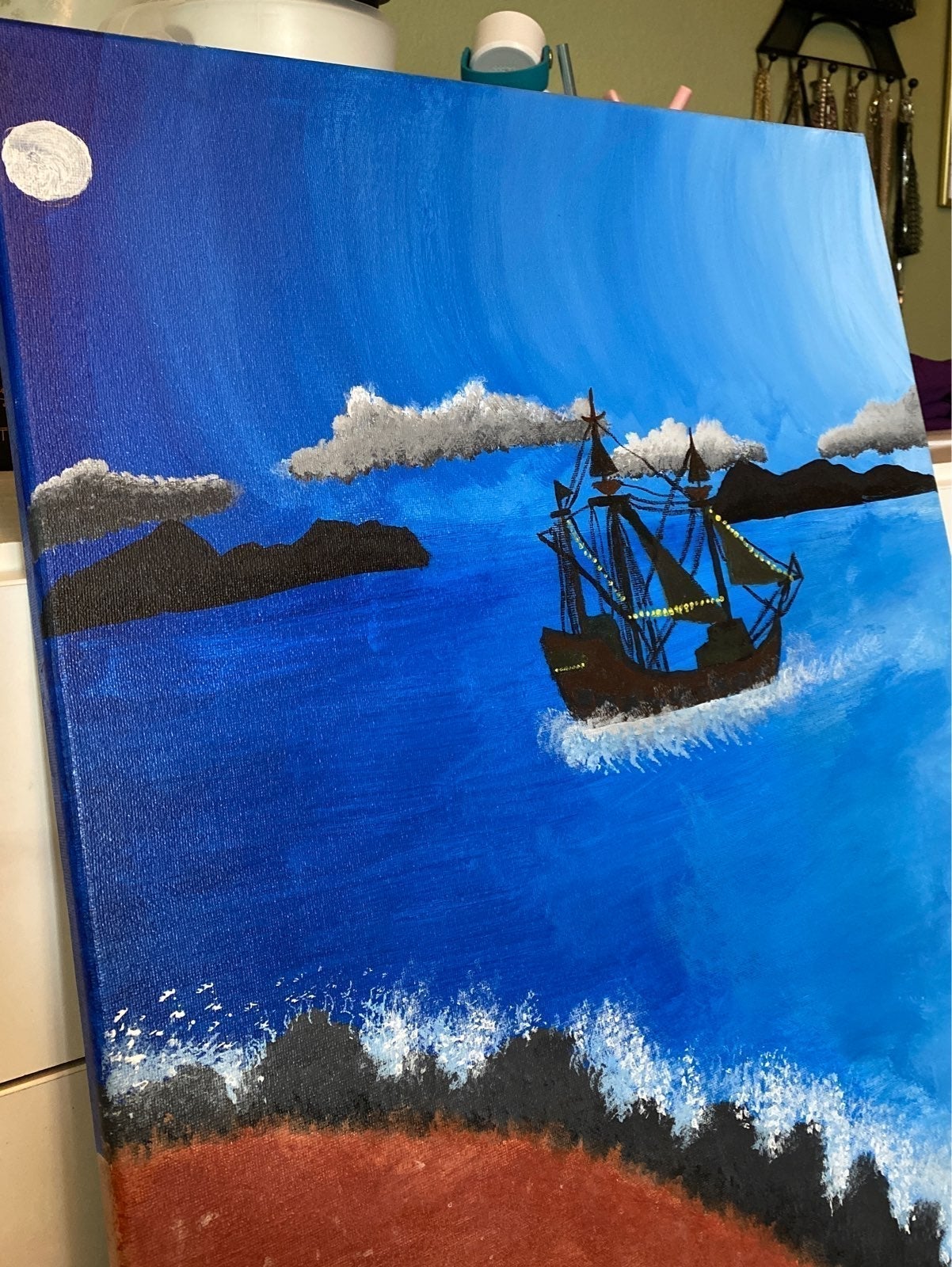 Painting of Ship on Sea/Ocean with Storm Rolling in