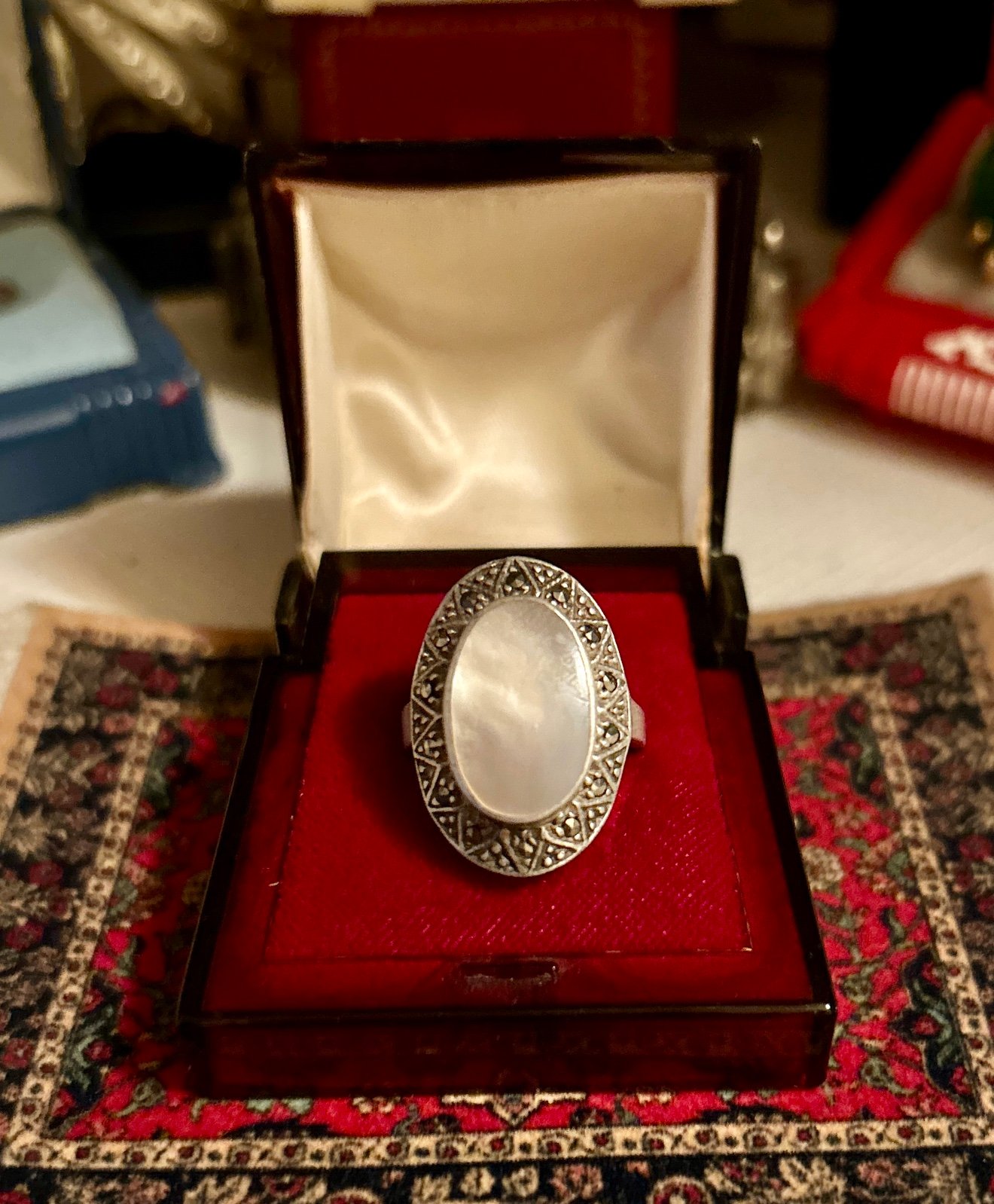 Vintage - Art Deco Revival Sterling Silver Mother Of Pearl & Marcasite Ring - 6