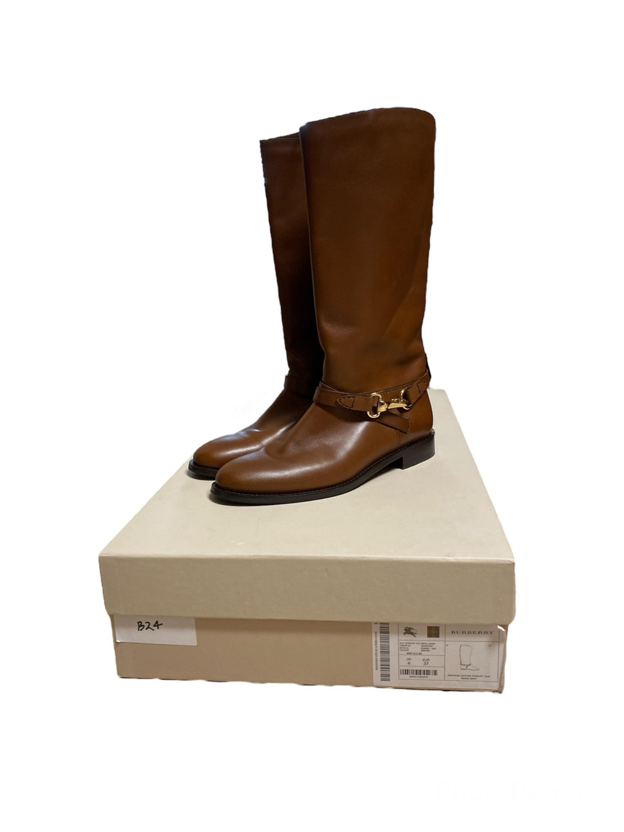 Burberry Boots Heritage Leather Yorkley Flat Riding Boot Chestnut Brown 37/6.5