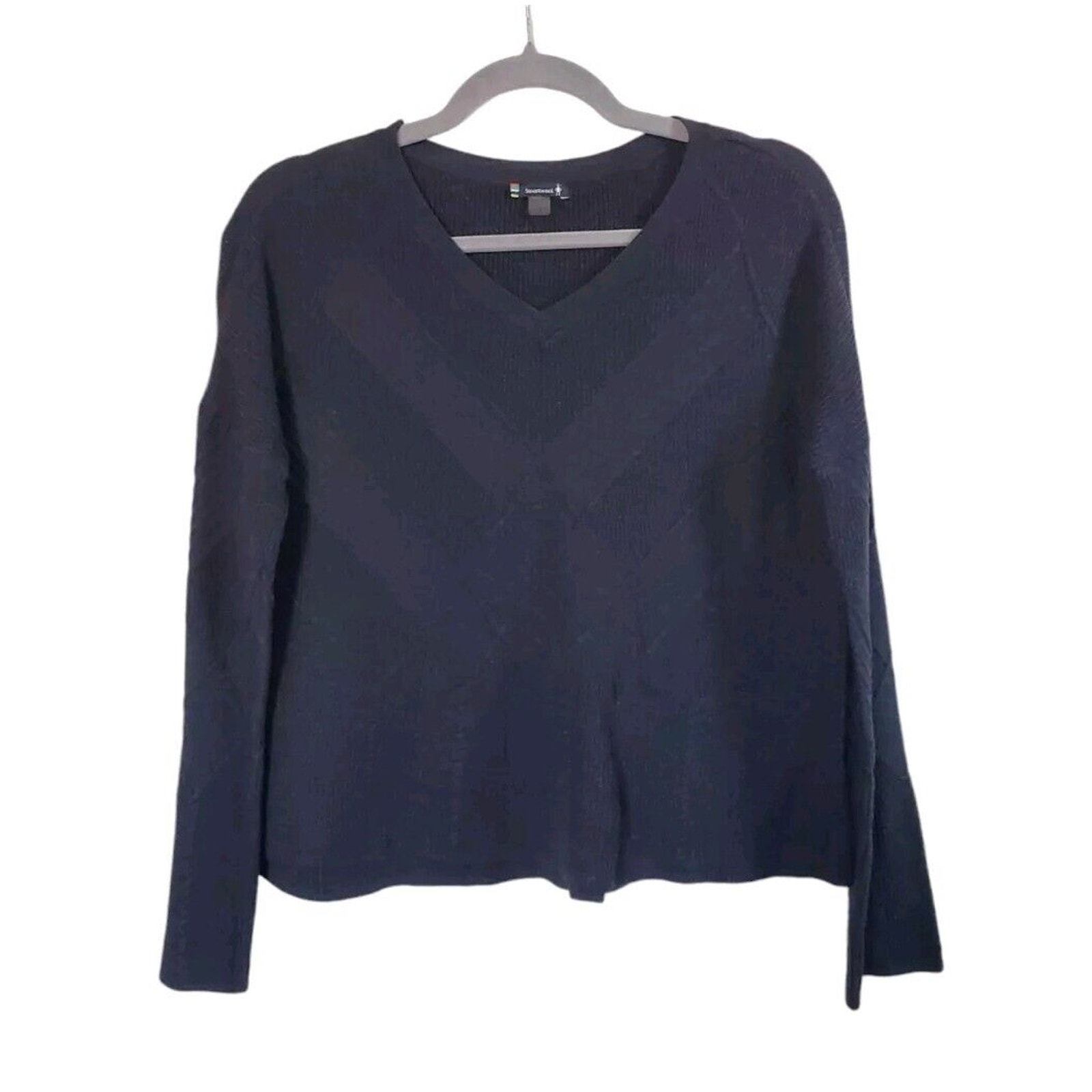 Smartwool Black Shadow Pine Cable V-Neck Boxy Sweater Wool Blend, Women's Small