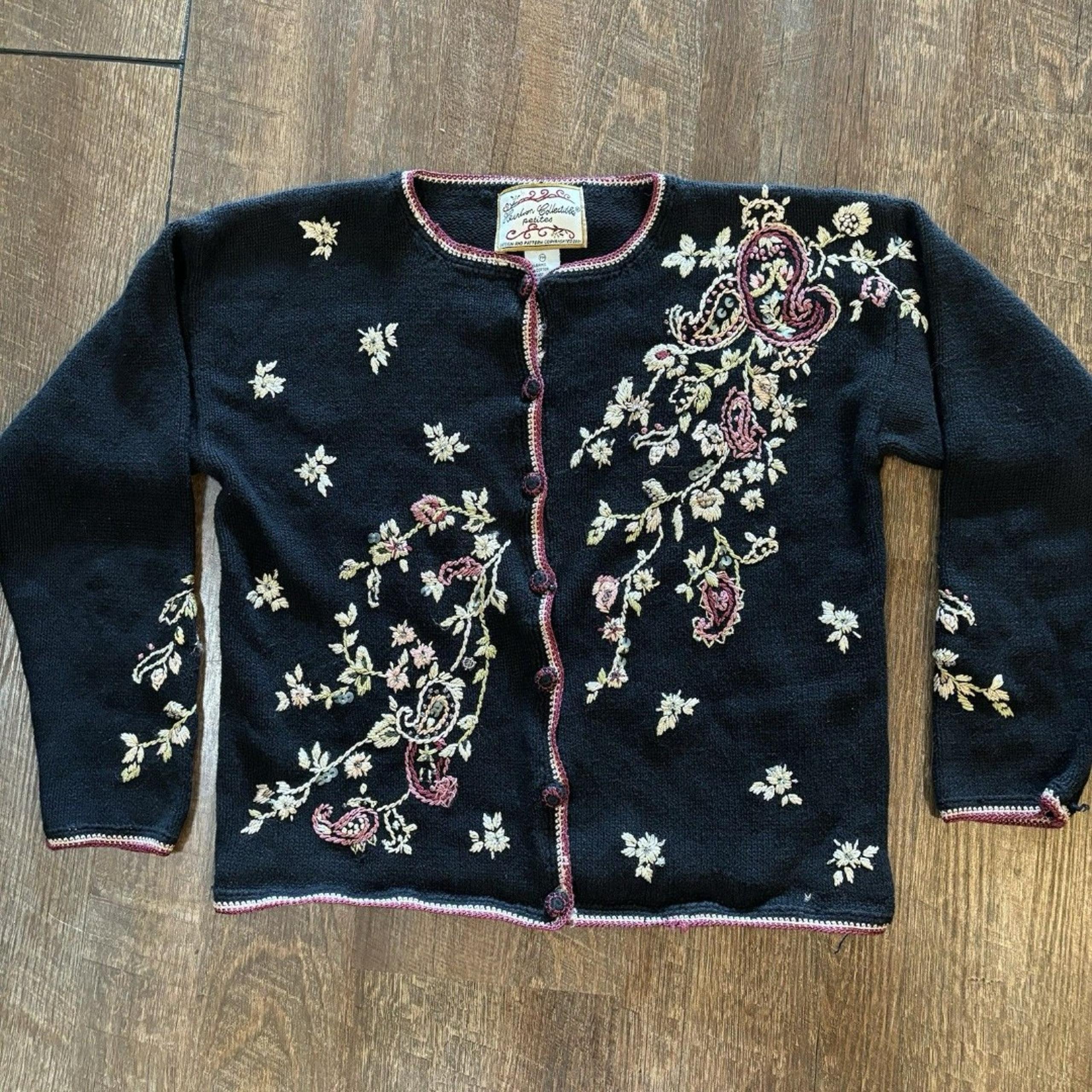 Vintage Heirloom Collectibles Floral Knit Cardigan Sweater Womens PM Cotton