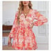 Floral V Neck Long Sleeve Tiered Mini Dress