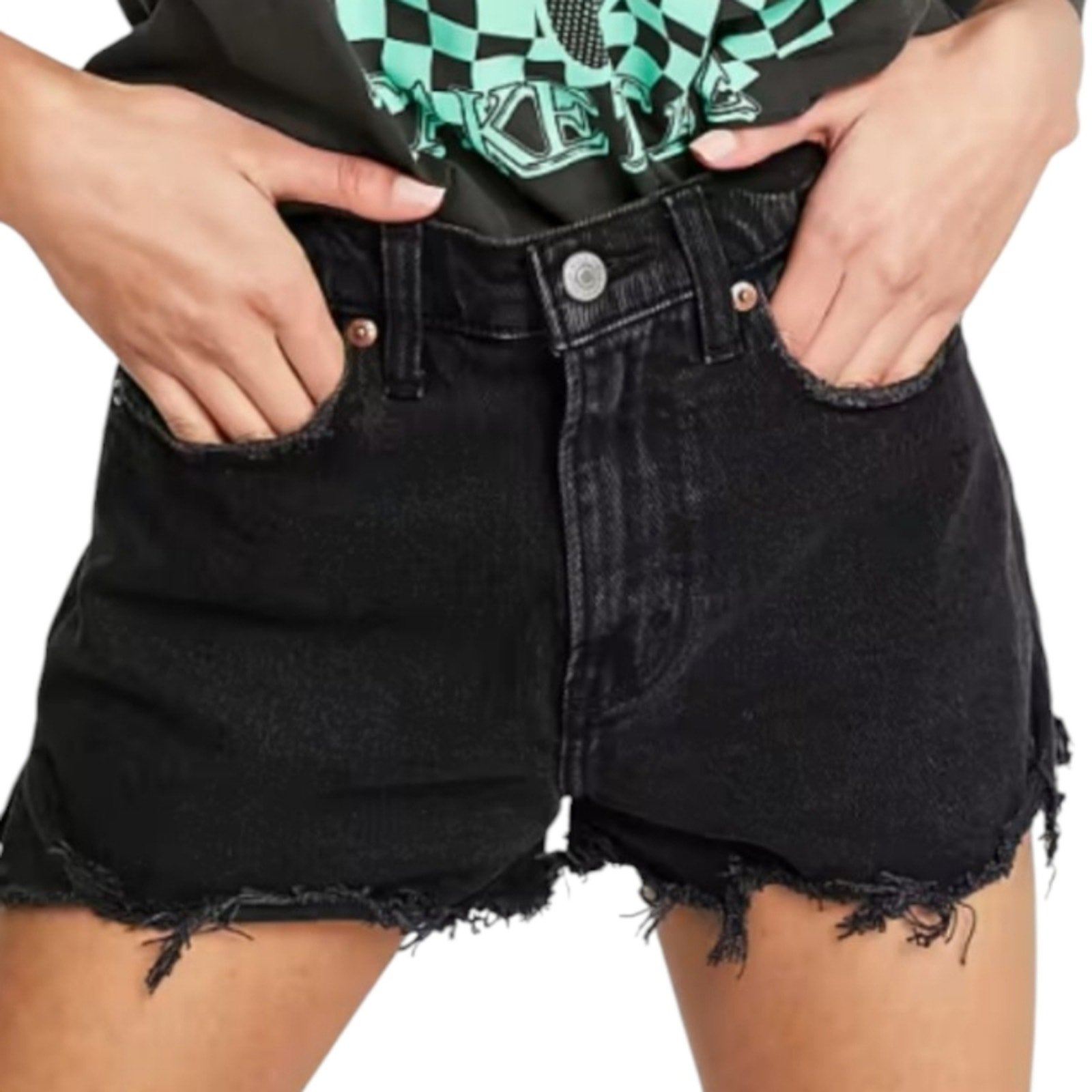 AMERICAN EAGLE DISTRESSED 90s Relaxed Women's Cut off Black Denim Shorts Plus 22