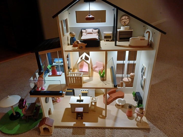 Modern Family Dollhouse with Realistic Design, Wooden Dollhouse with 53Pcs Pcs