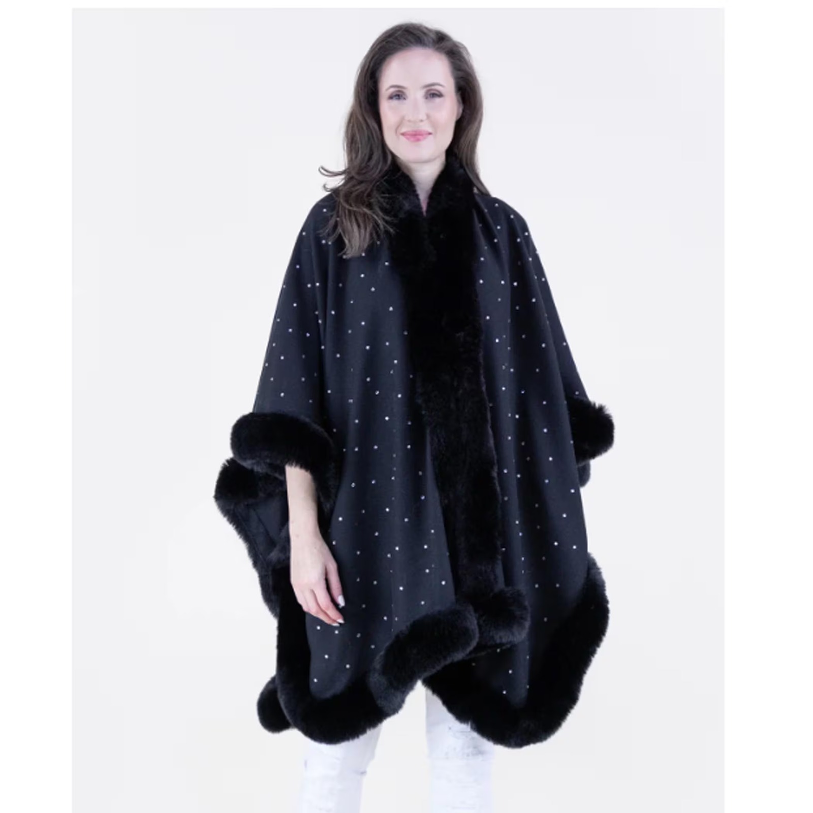 Black Cape Kozy Chic Faux Fur CENTRE TRIM Cape Luxurious Style and Comfort