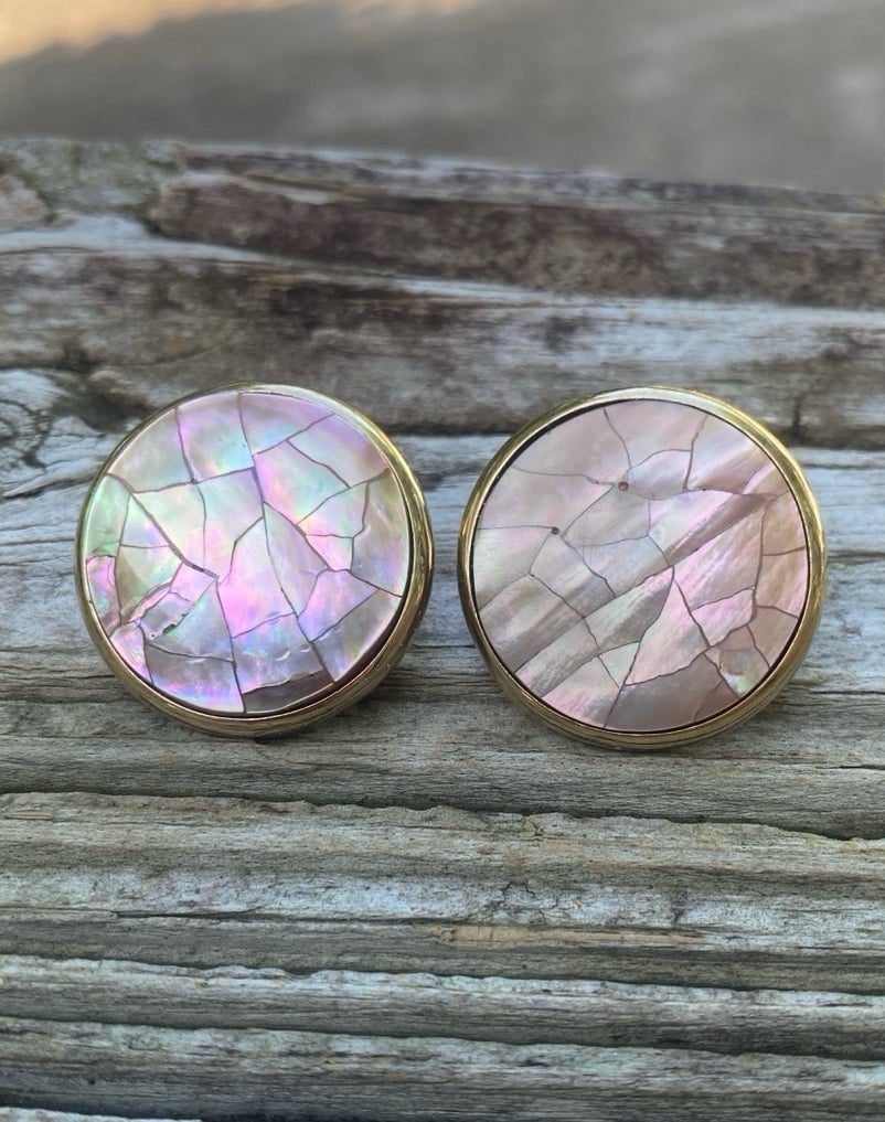 MCM HOBE MOP Button Earrings Iridescent Opalescent Bohemia Boho Quiet Luxury VTG