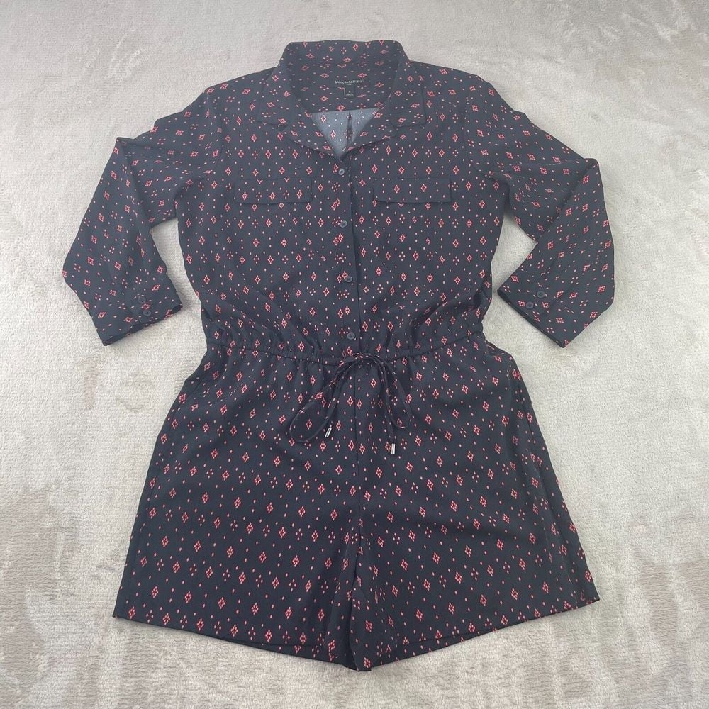 Banana Republic Shirt Romper Women 4 Black Red Geometric Long Sleeve NWOT