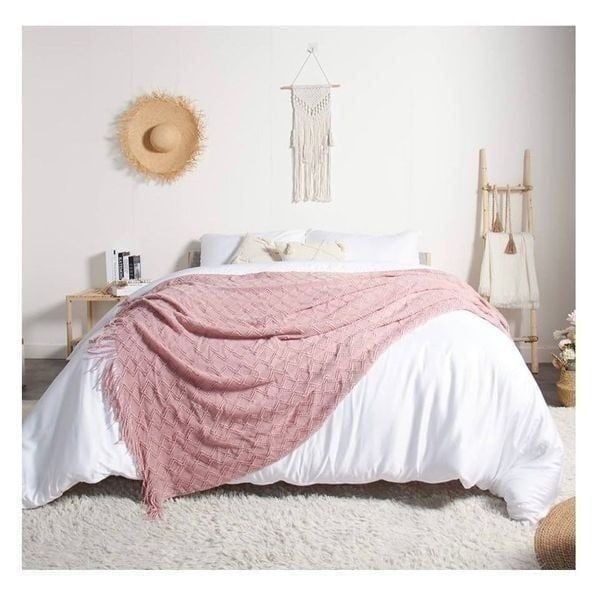 Blush Pink Cozy Waffle Knit Blanket Throw With Tassels
