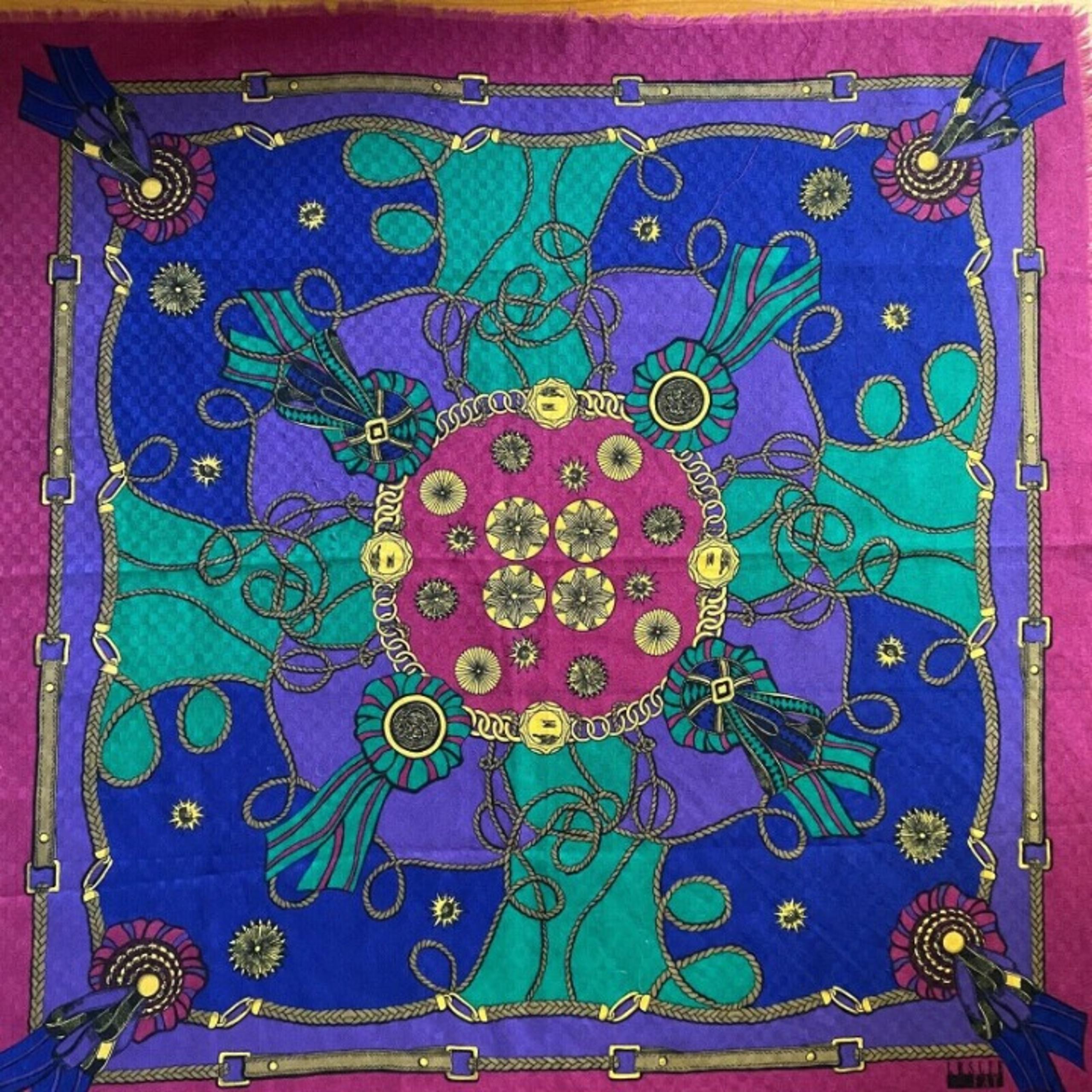 VTG Leslie Faye Designer Square Jewel Tones Scarf Ropes Buckles Flowers 31x31”