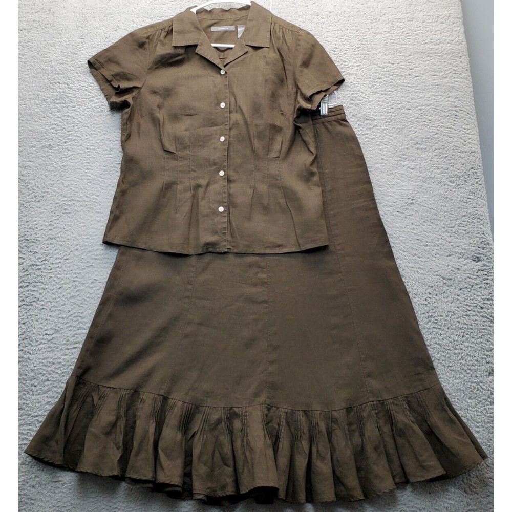 2 Piece Set Liz Claiborne Blazer & Skirt Women 10 Brown Short Sleeve Button Down